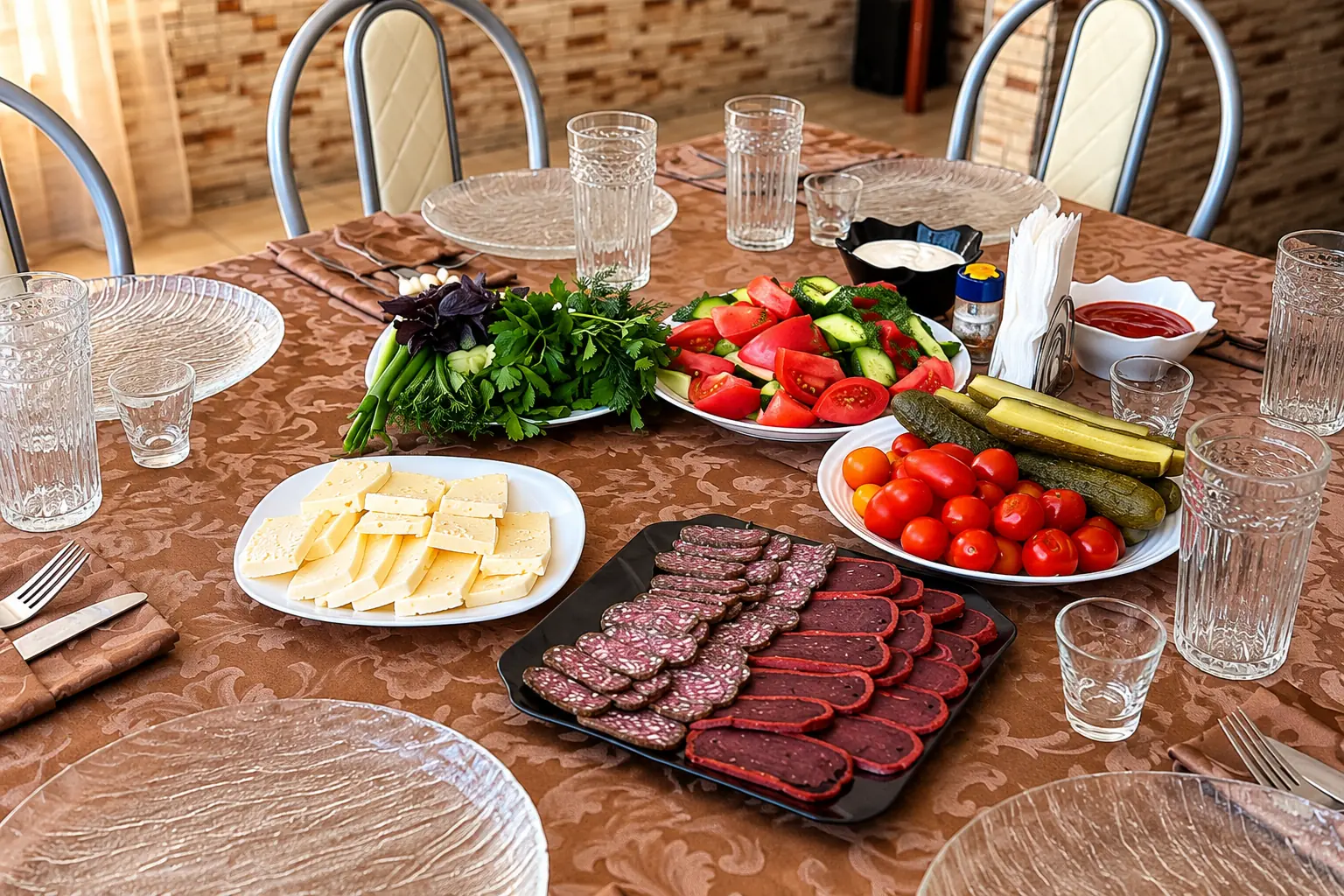 Накрытый стол с овощами, зеленью, сыром и мясными закусками